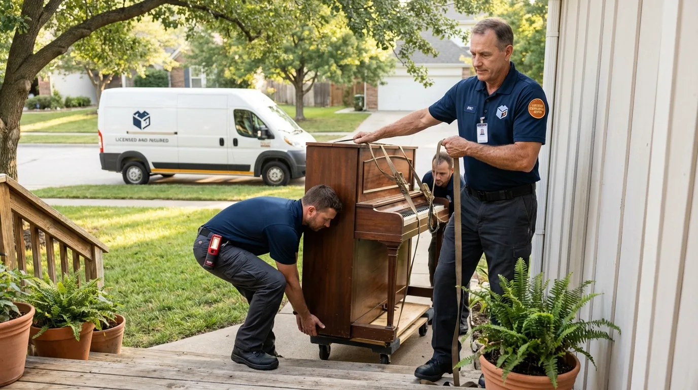 Licensed piano movers securing grand piano in Grabill, IN