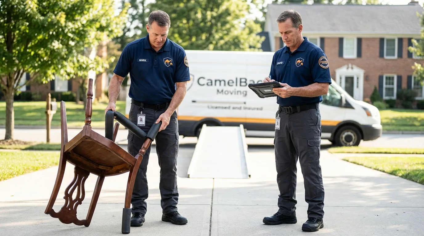 Movers inspecting furniture for damage prevention before loading in Grabill, IN