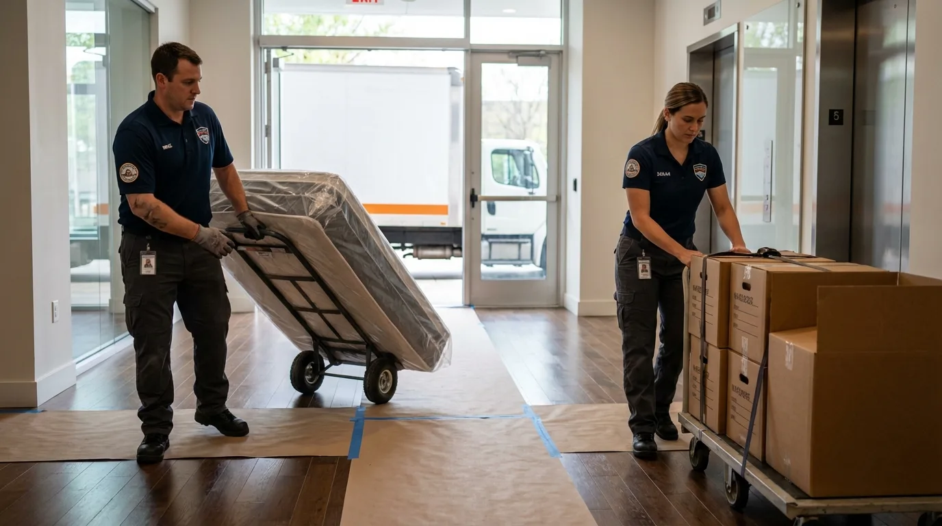 Professional apartment movers loading elevator in Grabill, IN
